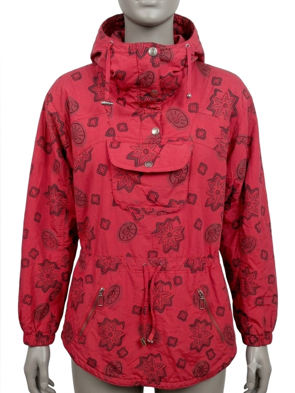 LL Bean Vintage Anorak Jacket Womens Small Pink Floral Hooded Pullover Ski Parka
